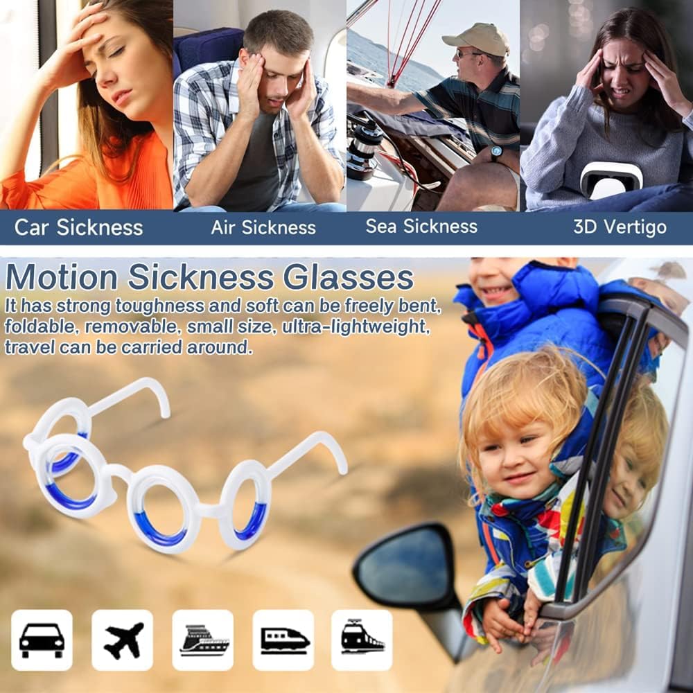 Anti- Motion Sickness Smart Glasses, Ultra-Light Portable Nausea Relief, Reduce Airsick Sickness Seasickness for Sport Travel Gaming, No Lens Liquid Glasses for Adults or Kids