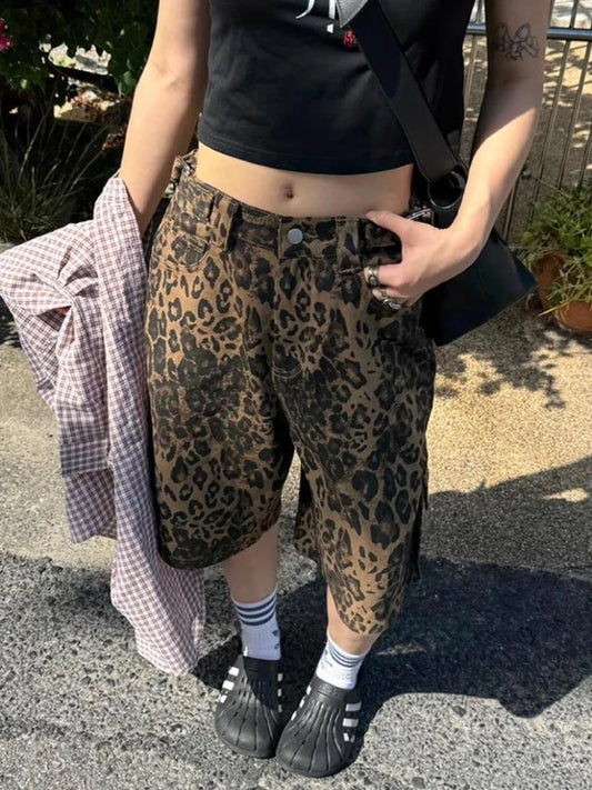 Advbridge Tan Leopard Print Denim Shorts Women Y2k Vintage Streetwear Wide Leg Jeans Hip Hop Oversize Casual Pockets Jorts Summer
