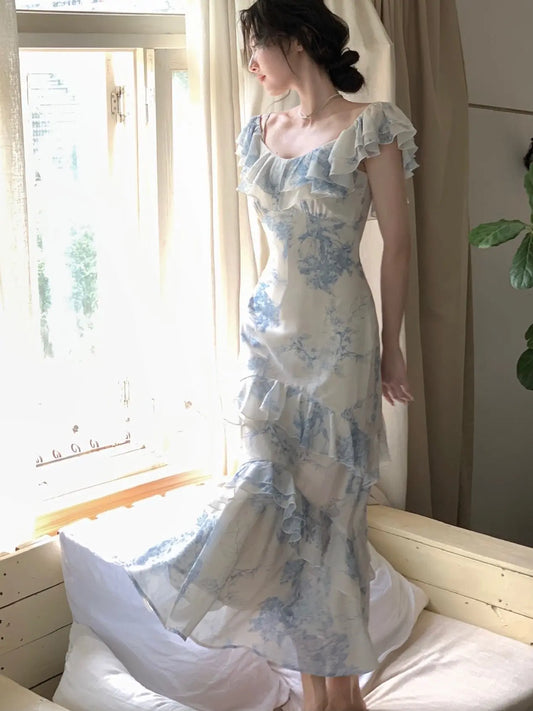 Advbridge - Summer New Women Elegent Slim Party Prom Print Ruffles Dress Female Fashion French Retro One Piece Clothes Vestidos