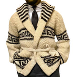 Advbridge Autumn Winter Men Thicken Jacquard Knitted Cardigan Coat Vintage Turndown Collar With Waistband Thick Needle Sweater Streetwear