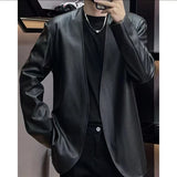 Advbridge Vintage Mirad Leather Jacket For Men Collarless Long Sleeved Cardigan Fashion Trendy Fur Tops Coat Oversize Handsome Streetwear