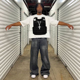 Advbridge Hip-hop Trendy Streetwear High Street Harajuku Retro Combat Vest Printed Oversized T-shirt Gothic Dark Pure Cotton Casual Top