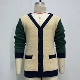 Advbridge Autumn Winter Youth Mens Patchwork Knitwear Long Sleeve Collarless Coarse Wool Sweater Fashion Button Cardigan Coat Men Clothing