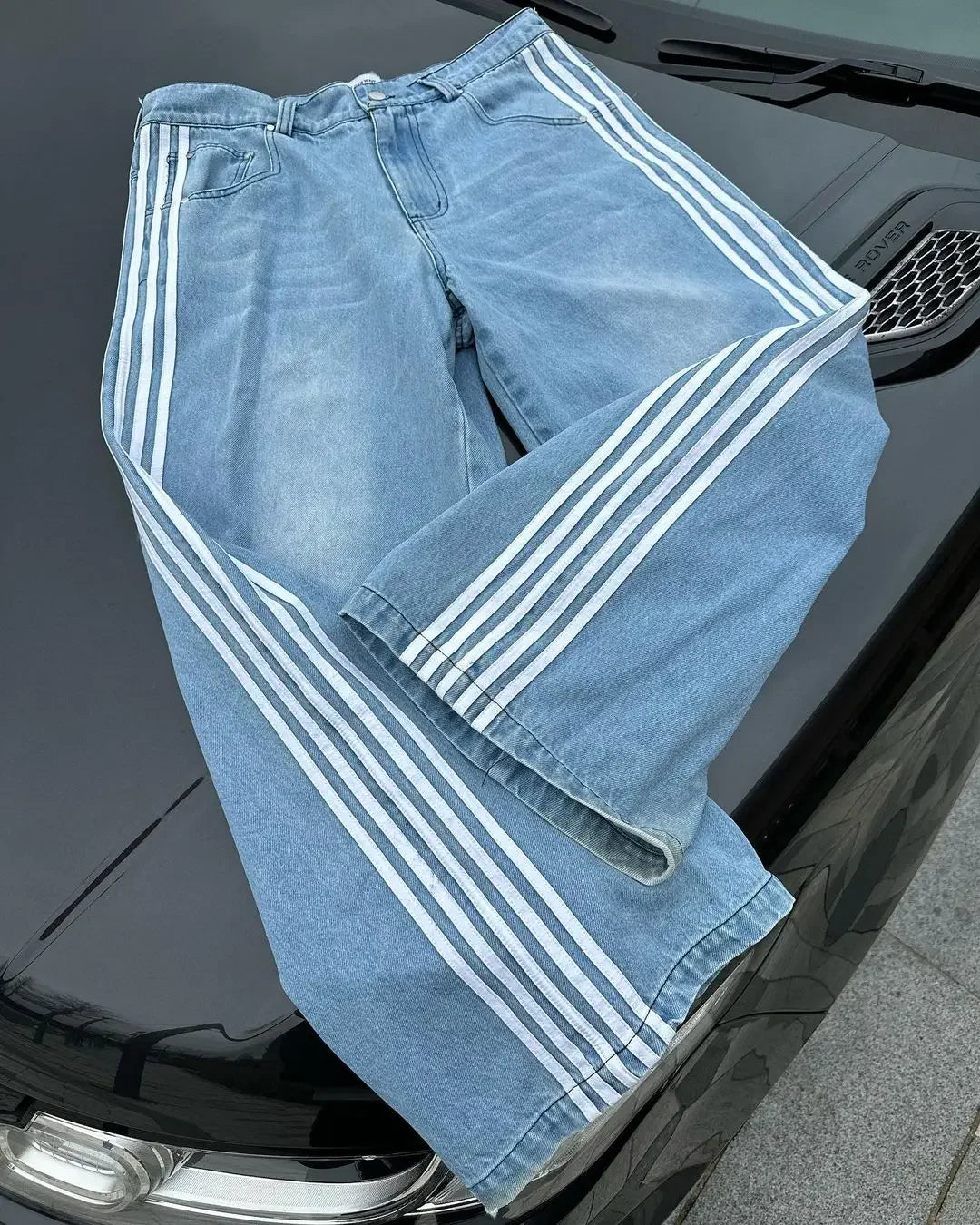 Advbridge 90s Streetwear Y2K Casual Jeans Harajuku Classic Striped Light Blue Jeans Graphic Embroidery High Waist Straight Pants Baggy Trousers Men Women