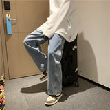 Advbridge Men's baggy jeans, a tousled waist, classic solid color, buttons and wireleg pants, men buckle pants Korean fashion