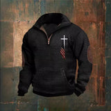 Advbridge Vintage Men Waffle Sweatshirts American Flag Print Half Zip Collar Pullover Tops Fall Fashion Casual Long Sleeves Hoodies Male