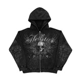 Advbridge American Y2K Motorcycle Style Winter Letter Skull Print Zipper Hoodie Long Sleeve Sweater