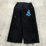 Advbridge 90s Streetwear Jeans Streetwear Y2K Mens Hip Hop Graphic Print Retro Blue Baggy Jeans Denim Pants New Gothic High Waisted Wide Trousers 1017