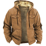 Advbridge Winter Warm Hoodie Men Brown Lining Plush Thickened Jacket Multi Pocket Zipper Cardigan hooded Coat Loose Oversize Outerwear