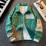 Advbridge High Street Green Denim Patchwork Jacket For Men Autumn Long sleeve Coat New Fashion Retro Casual Loose Jeans Tops Clothing