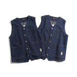 masc outfits Fon3 New Coat Vest Waistcoat Men's Japanese Original Solid Color Wear Wave Pattern Multi-Bag Denim Vest Men