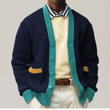 Advbridge Autumn Winter Youth Mens Patchwork Knitwear Long Sleeve Collarless Coarse Wool Sweater Fashion Button Cardigan Coat Men Clothing