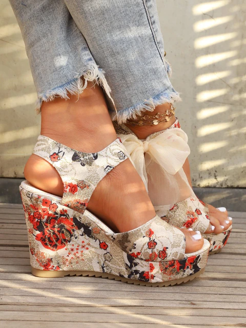 Advbridge Women's Wedge Open Toe Sandals Platform Shoes Floral Print Ankle Strap Lace-up Bowknot Shoes , Versatile Dress Sandals