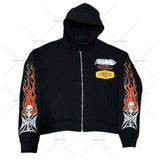 Advbridge European and American High Street Retro Zipper Hoodie Harajuku Punk Flame Print Oversized Sweatshirt Street Casual Jacket Men