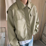 Advbridge New casual personality solid simple leather coat, motorcycle leather coat, loose Design Sour Top PU Leather Lapel Outerwear