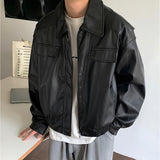 Advbridge New casual personality solid simple leather coat, motorcycle leather coat, loose Design Sour Top PU Leather Lapel Outerwear
