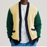 Advbridge Autumn Winter Youth Mens Patchwork Knitwear Long Sleeve Collarless Coarse Wool Sweater Fashion Button Cardigan Coat Men Clothing