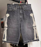 Advbridge 90s Streetwear Y2K Street New Fashion Skeleton Embroidery Loose Shorts Men Retro Harajuku Pop Hip Hop Gothic High Waist Sports Denim Shorts