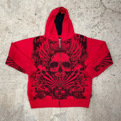 Advbridge Gothic Dark Skull Print Red Zipper Hoodie Men's Women's American Street Trend Hip-Hop Rap Top Loose Y2k Millennial Sweatshirt