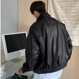 Advbridge New casual personality solid simple leather coat, motorcycle leather coat, loose Design Sour Top PU Leather Lapel Outerwear