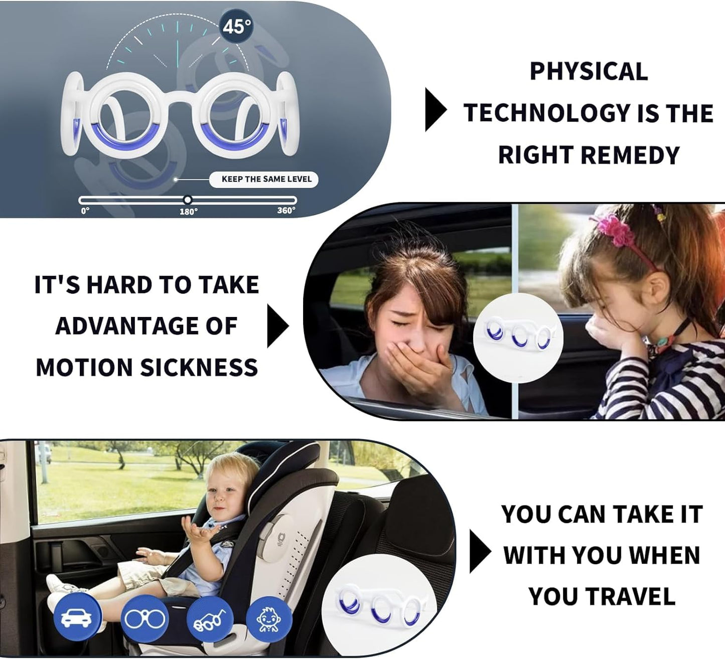 Anti- Motion Sickness Smart Glasses, Ultra-Light Portable Nausea Relief, Reduce Airsick Sickness Seasickness for Sport Travel Gaming, No Lens Liquid Glasses for Adults or Kids