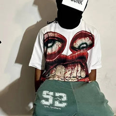 Advbridge Y2K Cotton T Shirt Mens Womens Harajuku Hip Hop Big Eyes Mouth Graphic Printed Oversized T Shirt Retro Classic Short Sleeve Tops