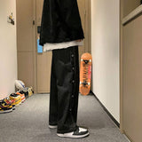 Advbridge Men's baggy jeans, a tousled waist, classic solid color, buttons and wireleg pants, men buckle pants Korean fashion