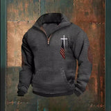 Advbridge Vintage Men Waffle Sweatshirts American Flag Print Half Zip Collar Pullover Tops Fall Fashion Casual Long Sleeves Hoodies Male