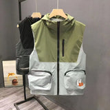 Advbridge Function Patchwork Men Hooded Vest Workwear Large Pocket Zipper Sleeveless Coat Autumn Vintage Outdoor Jackets Hoodie Tank Tops