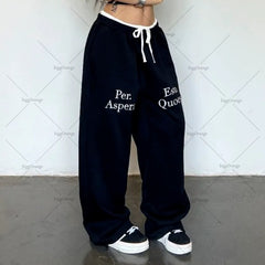 Advbridge Y2K Harajuku American Street Style Contrasting Color Splicing Straight Pants Women Retro Letter Print Baggy Hip Hop Sweatpants