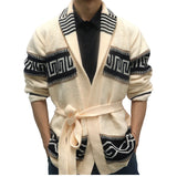 Advbridge Autumn Winter Men Thicken Jacquard Knitted Cardigan Coat Vintage Turndown Collar With Waistband Thick Needle Sweater Streetwear