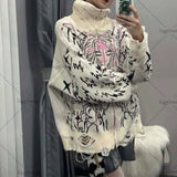 Advbridge American Trendy Gothic Cartoon Letters Oversized Sweater Women's Y2K Street Hip-Hop Loose Versatile Round Neck Pullover Men's