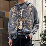 Advbridge 90s Streetwear Men Hoodie Y2k Skull Korean Harajuku Y2k Zip Up Texture Hooded Sweatshirt Casual Fashion Long Sleeve Vintage Pocket Sweatshirt