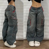 Advbridge 90s Streetwear Y2K Baggy Jeans Womens New Multi-pocket Washed Vintage Jeans Harajuku Oversized Denim Pants High Waist Wide Leg Pants Trousers