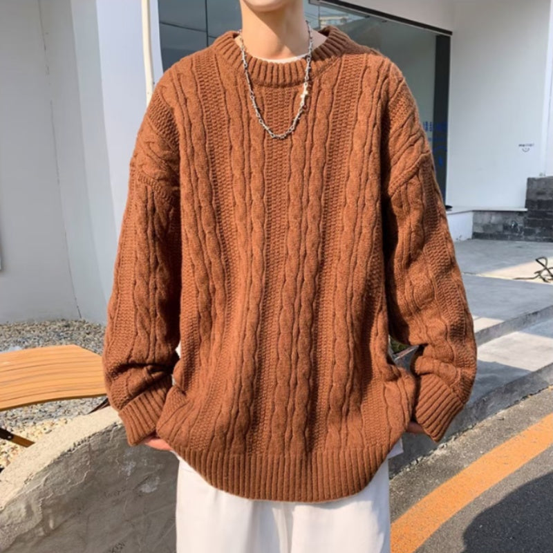 Advbridge Pullover sweater men autumn winter pure color simple retro crewneck sweater lazy wind twist thread coat