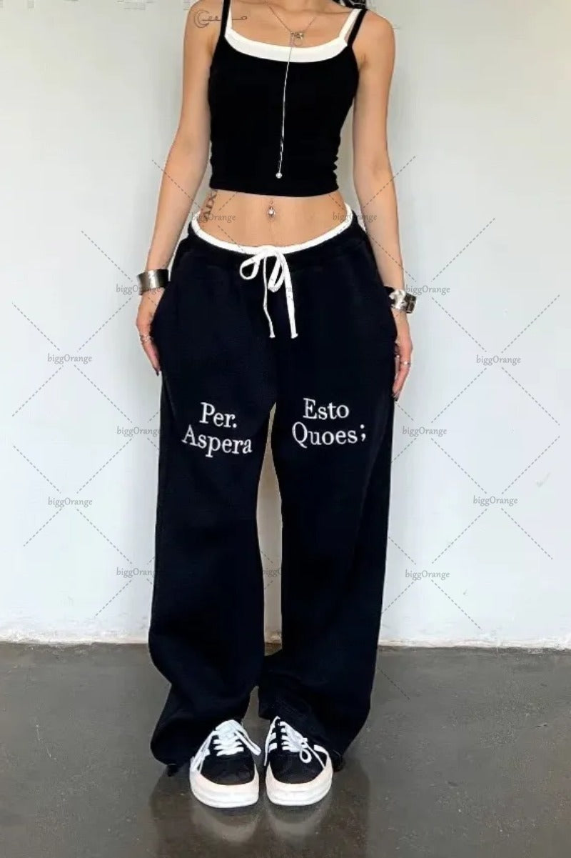 Advbridge Y2K Harajuku American Street Style Contrasting Color Splicing Straight Pants Women Retro Letter Print Baggy Hip Hop Sweatpants