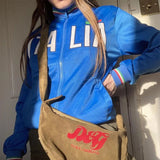 Advbridge 2024 Fall Fashion  Aesthetic retro embroidery letters gothic Slim hoodie women blue zipper sweater women Harajuku loose jacket Y2K clothing