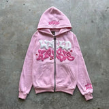 Advbridge Men and Women Zippered Pink Foam Hooded, Harajuku Casual Clothing, European and American Classic, Loose, Y2K, 2024