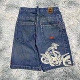 Advbridge 90s Streetwear Y2K Street New Fashion Skeleton Embroidery Loose Shorts Men Retro Harajuku Pop Hip Hop Gothic High Waist Sports Denim Shorts
