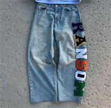 Advbridge Y2K Harajuku Colorful Letter Print Washed Baggy Jeans American Retro Straight Casual Pants High Street Loose Versatile Trousers