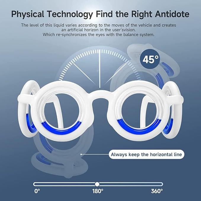Anti- Motion Sickness Smart Glasses, Ultra-Light Portable Nausea Relief, Reduce Airsick Sickness Seasickness for Sport Travel Gaming, No Lens Liquid Glasses for Adults or Kids
