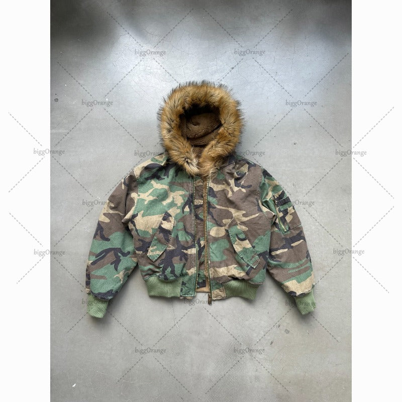 Advbridge 2025 High Street Trendy Y2K Streetwear Jacket Harajuku Retro Camouflage Fur Collar Casual Zipper Hoodie Men Oversized Sweatshirt