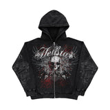 Advbridge American Y2K Motorcycle Style Winter Letter Skull Print Zipper Hoodie Long Sleeve Sweater