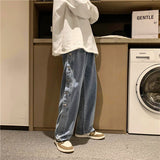 Advbridge Men's baggy jeans, a tousled waist, classic solid color, buttons and wireleg pants, men buckle pants Korean fashion
