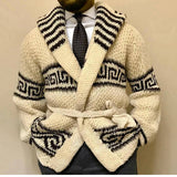 Advbridge Autumn Winter Men Thicken Jacquard Knitted Cardigan Coat Vintage Turndown Collar With Waistband Thick Needle Sweater Streetwear