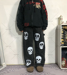 Advbridge New Harajuku Y2K Streetwear Baggy Jeans Gothic Punk Skull Print Wide Leg Straight Pants Men Hip Hop Retro Casual Loose Trousers