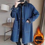 Advbridge Vintage Denim Trench Coat Men Medium Long Styles Loose Tops Windbreaker Autumn Winter With Plush Thickening Overcoat Jacket