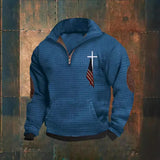 Advbridge Vintage Men Waffle Sweatshirts American Flag Print Half Zip Collar Pullover Tops Fall Fashion Casual Long Sleeves Hoodies Male