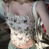 Advbridge Retro Sexy Butterfly Print Crop Top Lace Folded Edge Spliced Camisole Street Style Backless Suspender Summer Vacation Y2K Top