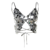 Advbridge Retro Sexy Butterfly Crop Top Sequined Camisole Street Style Backless Pull Up Suspender Summer Vacation Wear Y2K Small Suspender